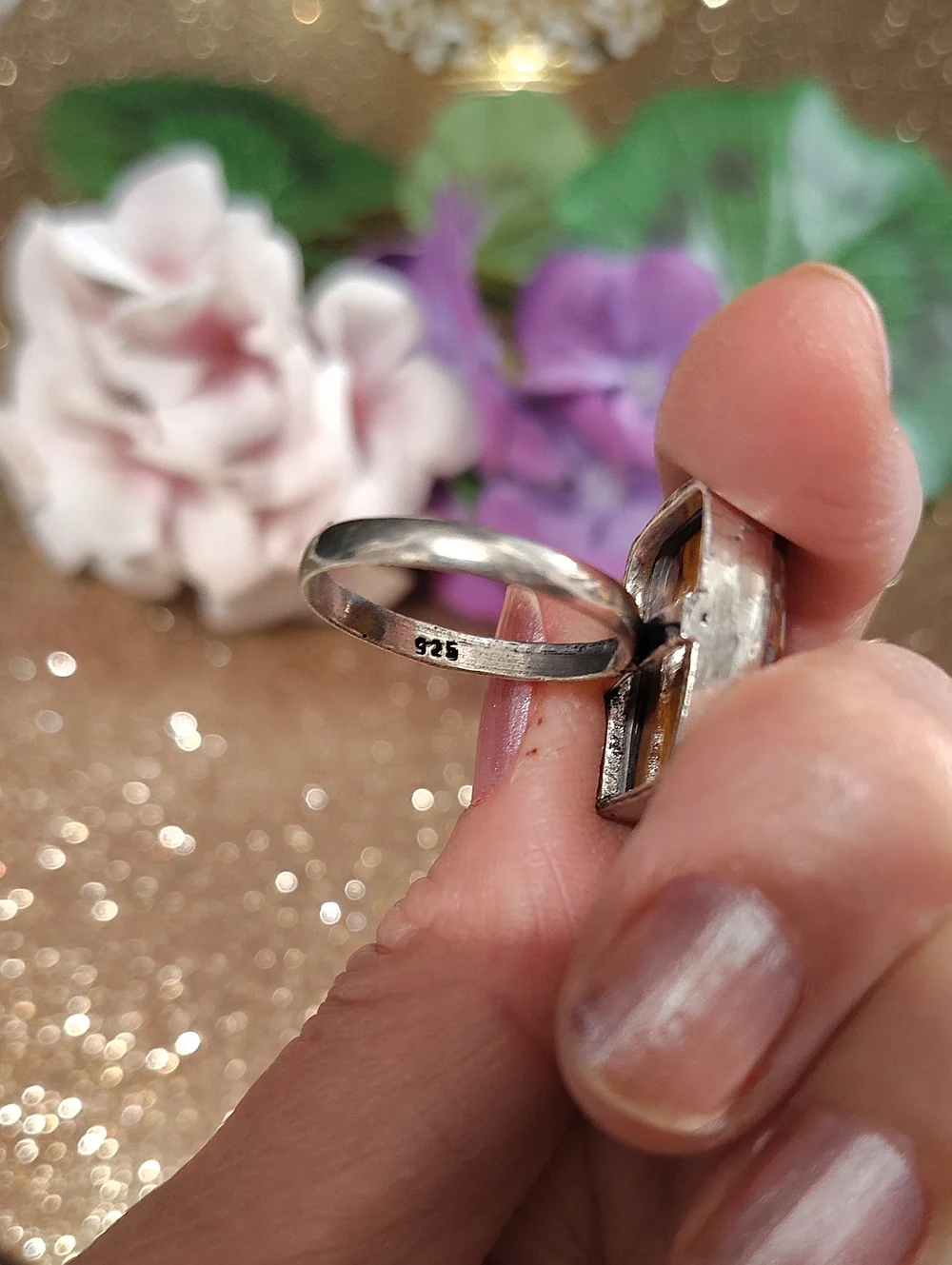 Amber Gemstone Silver Ring - Size 10